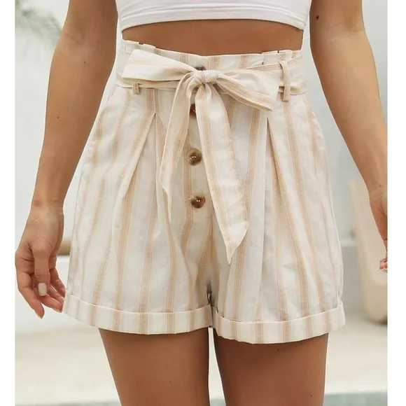 CUPSHE Apricot Stripe Tie Waist Pocket Shorts Cotton Women’s Sz XL High Rise New - Picture 2 of 11